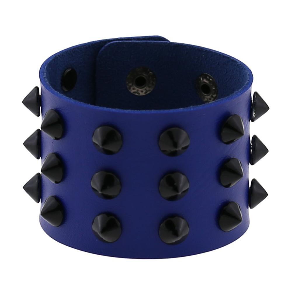 Vegan leather spike bracelet in blue with black rivets, adjustable wrap design for men and women.