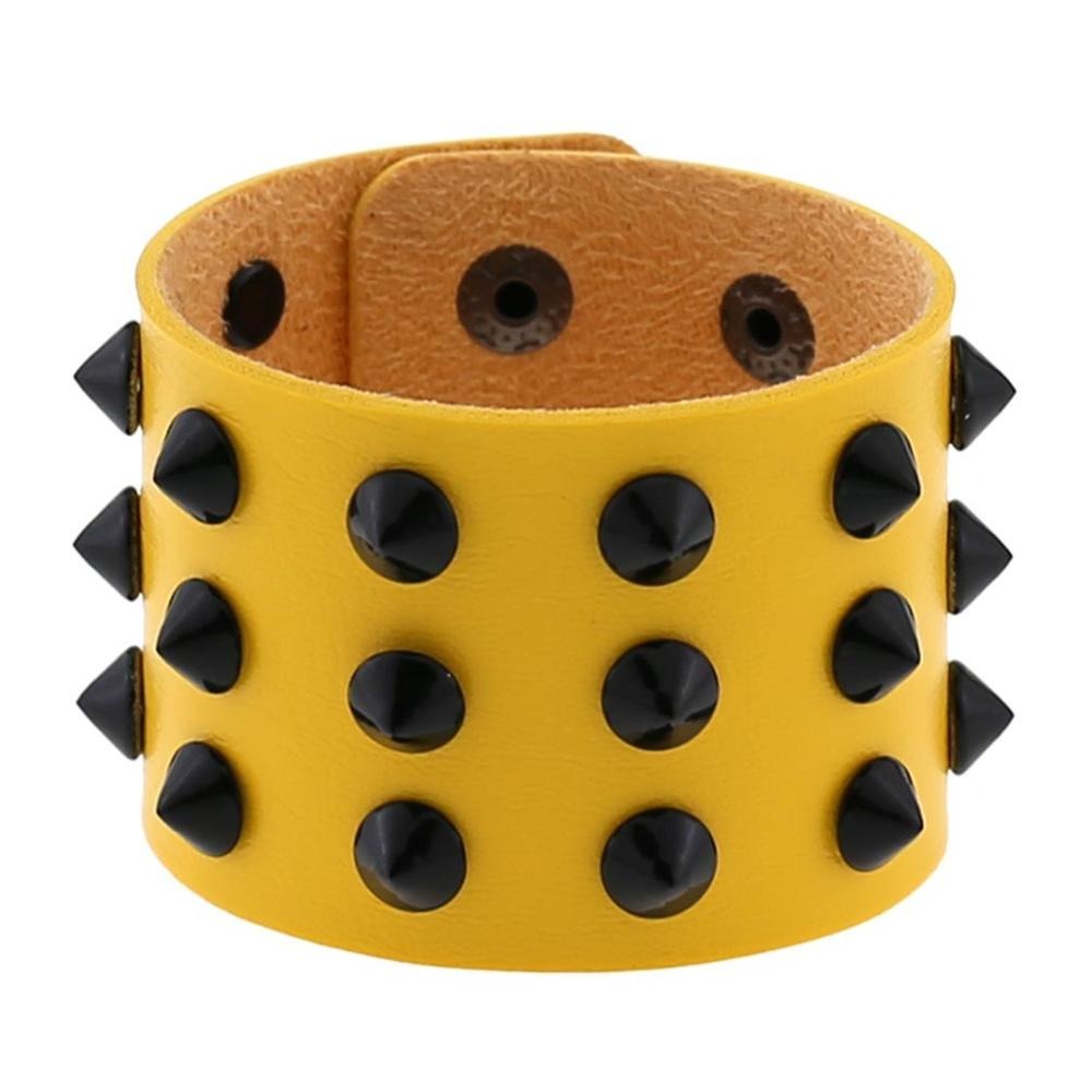 Vegan leather spike bracelet in yellow, featuring black spikes and rivets, adjustable for comfort, unisex style.