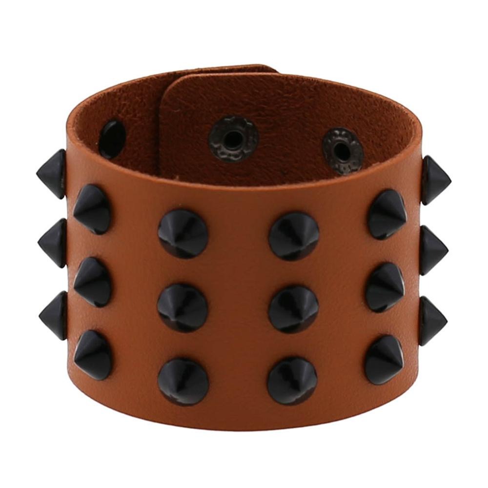 Vegan leather spike bracelet with black studs, wide adjustable wristband for men and women.