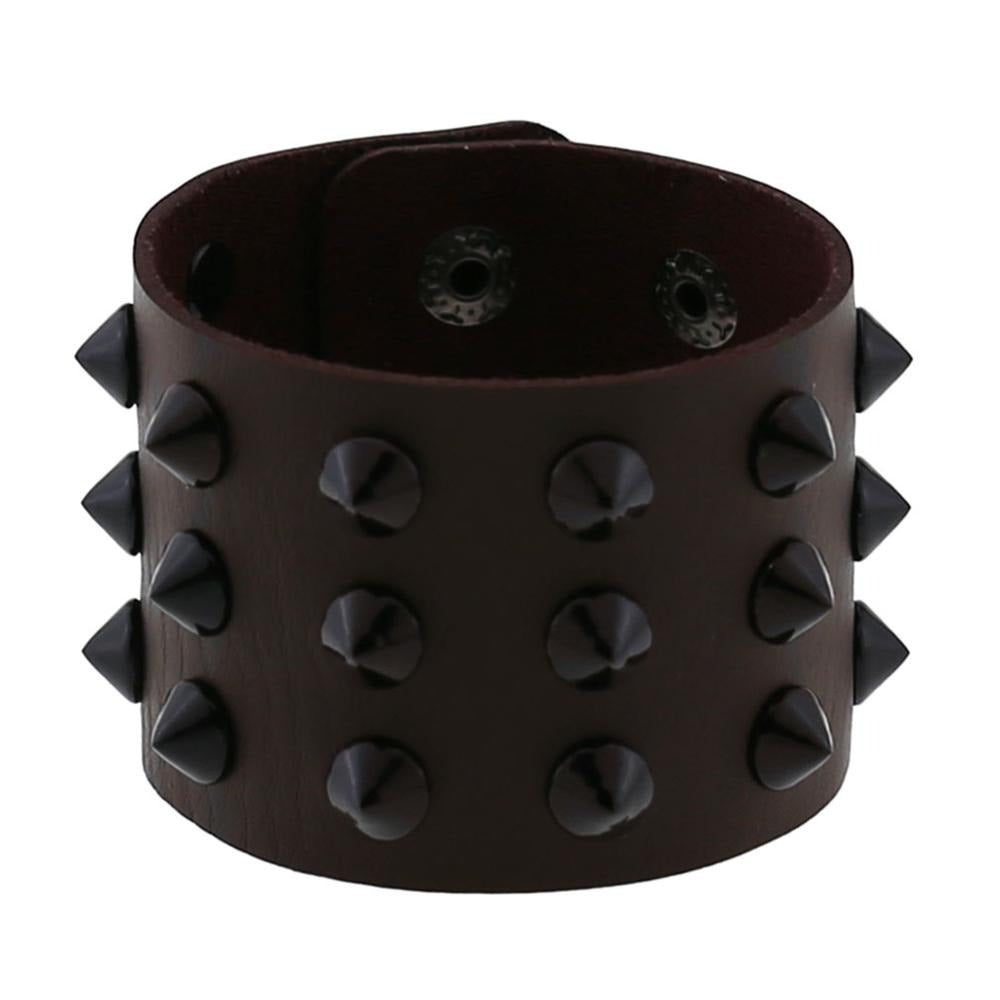 Vegan leather spike bracelet with black spikes and rivets, adjustable wristband for men and women, stylish accessory.