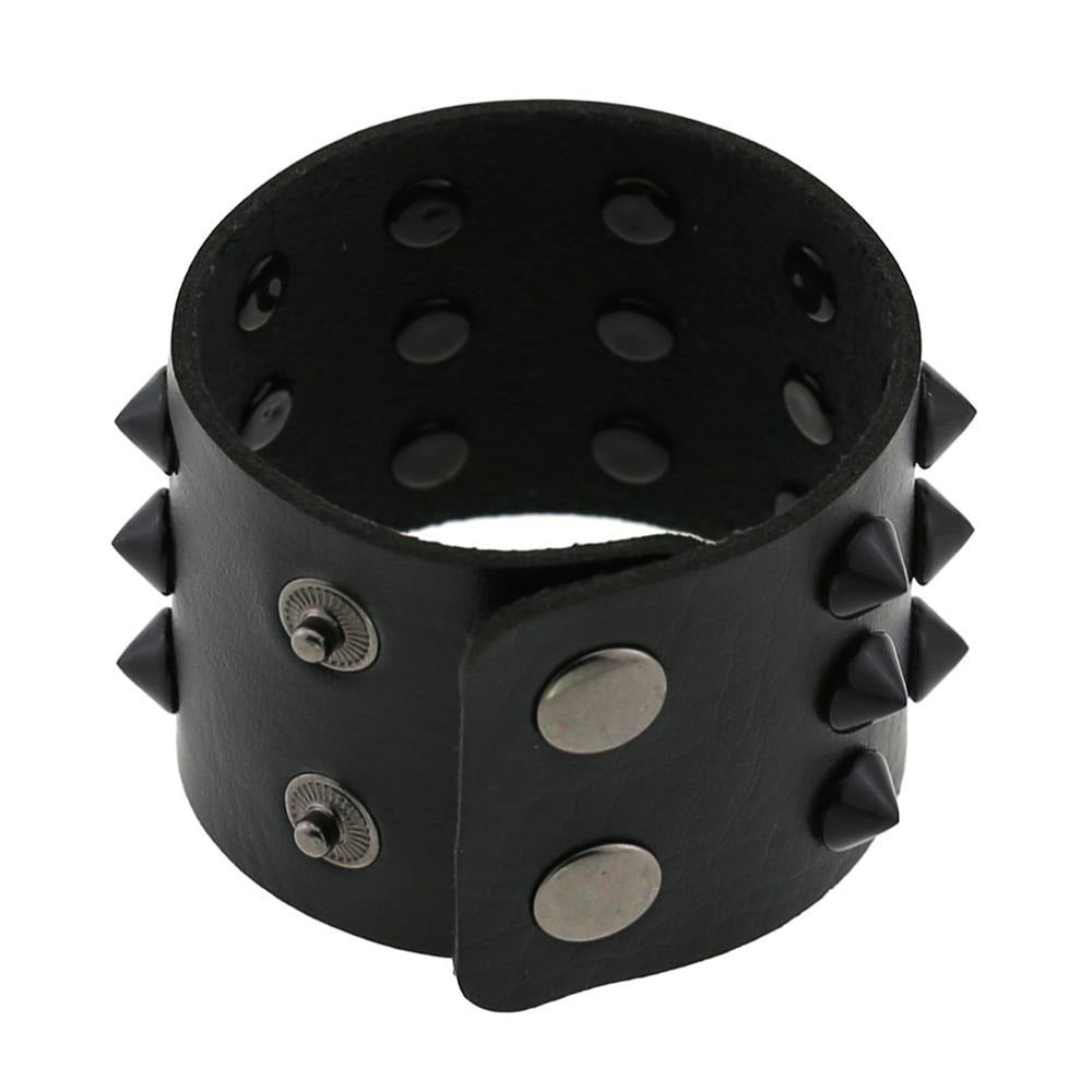 Vegan leather spike bracelet with rivets, wide snap button design for men and women, adjustable wristband accessory.