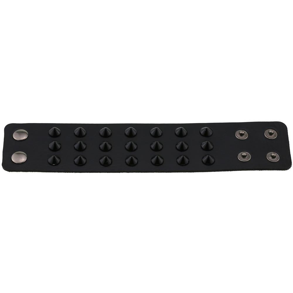 Vegan leather spike bracelet with wide base, decorated with black spikes and rivets, adjustable snap button design.