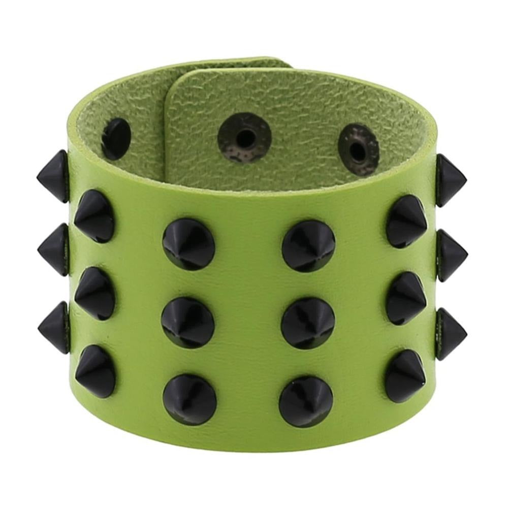 Vegan leather spike bracelet in vibrant green with black rivets for men and women, adjustable for comfort.