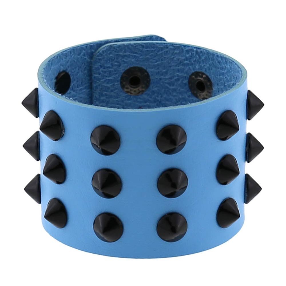 Vegan leather spike bracelet for men and women, featuring blue color and black spikes, adjustable snap button design.
