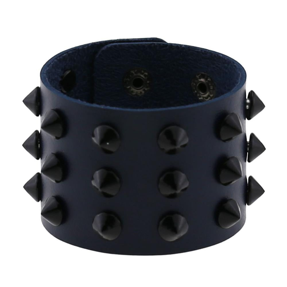 Vegan leather spike bracelet with rivets, stylish wide snap button design for men and women.