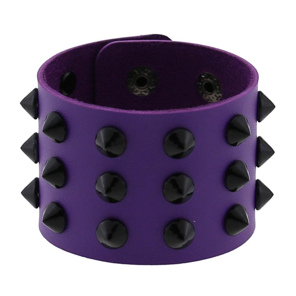 Purple vegan leather spike bracelet with black rivets, adjustable snap closure, stylish for men and women.