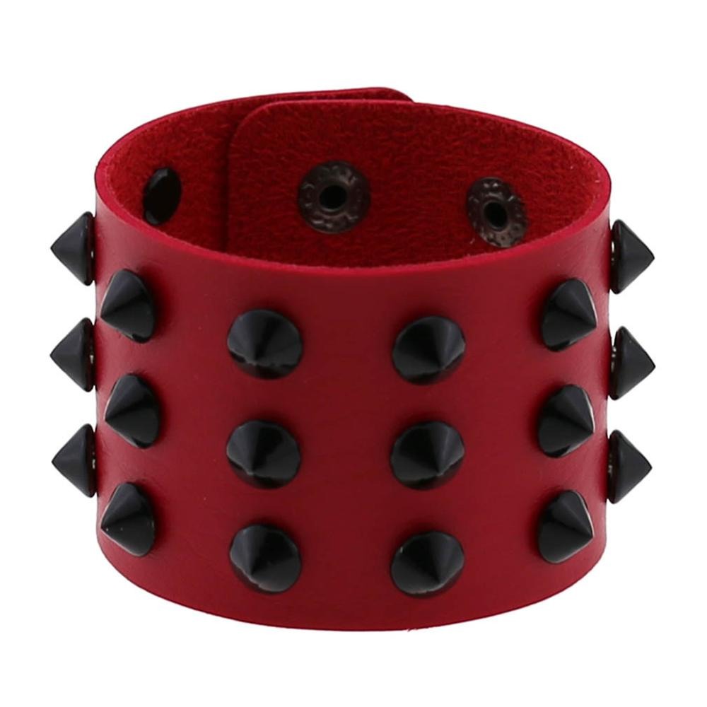 Vegan leather red spike bracelet with black rivets, adjustable wristband for men and women fashion.