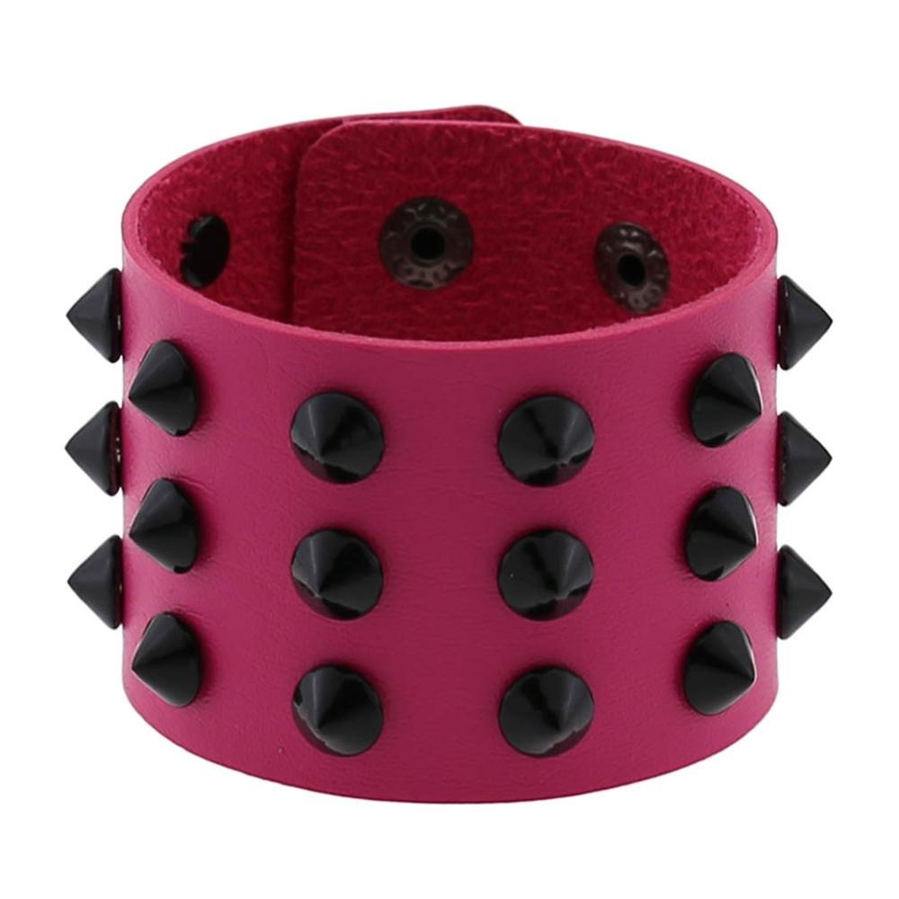 Vegan leather spike bracelet in hot pink with black rivets, adjustable wristband for men and women.