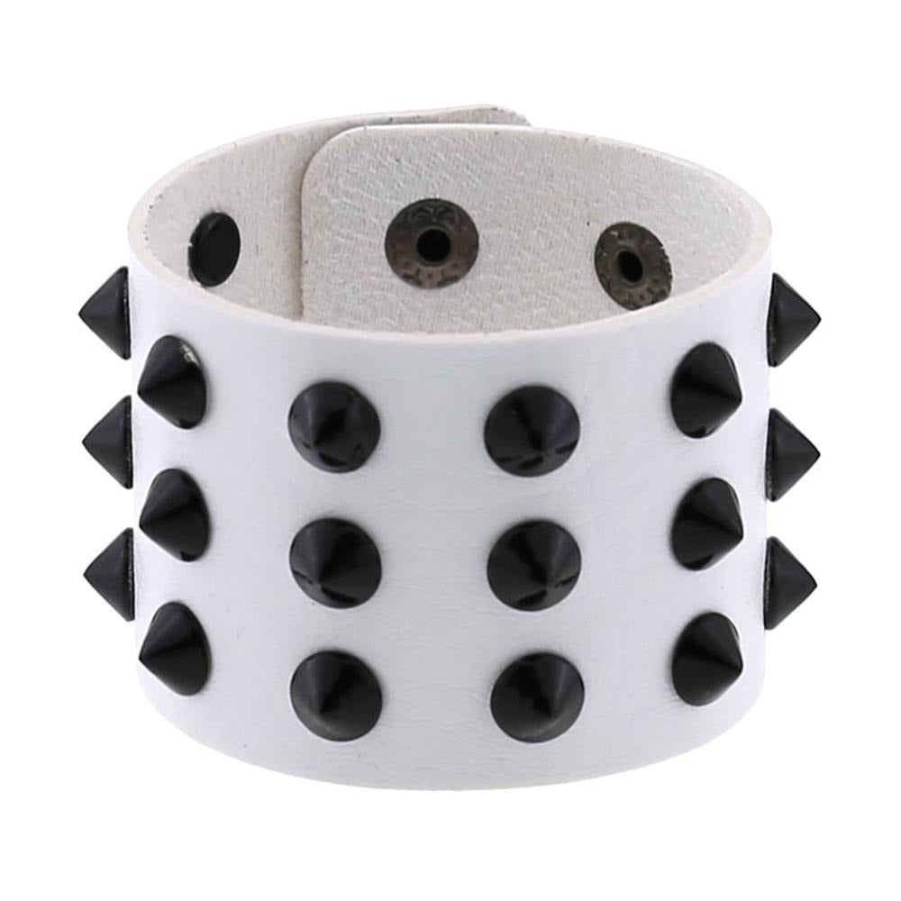 Vegan leather spike bracelet in white, featuring black spikes and rivets, adjustable wristband for men and women.