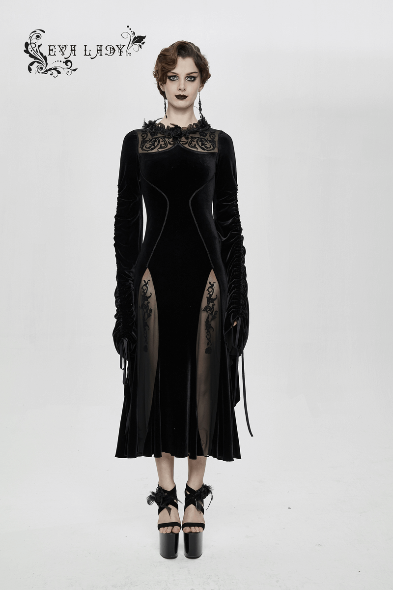 Velvet Black Dress with Filigree Patterns / Gothic Style Dress With Wide Adjustable Sleeves - HARD'N'HEAVY