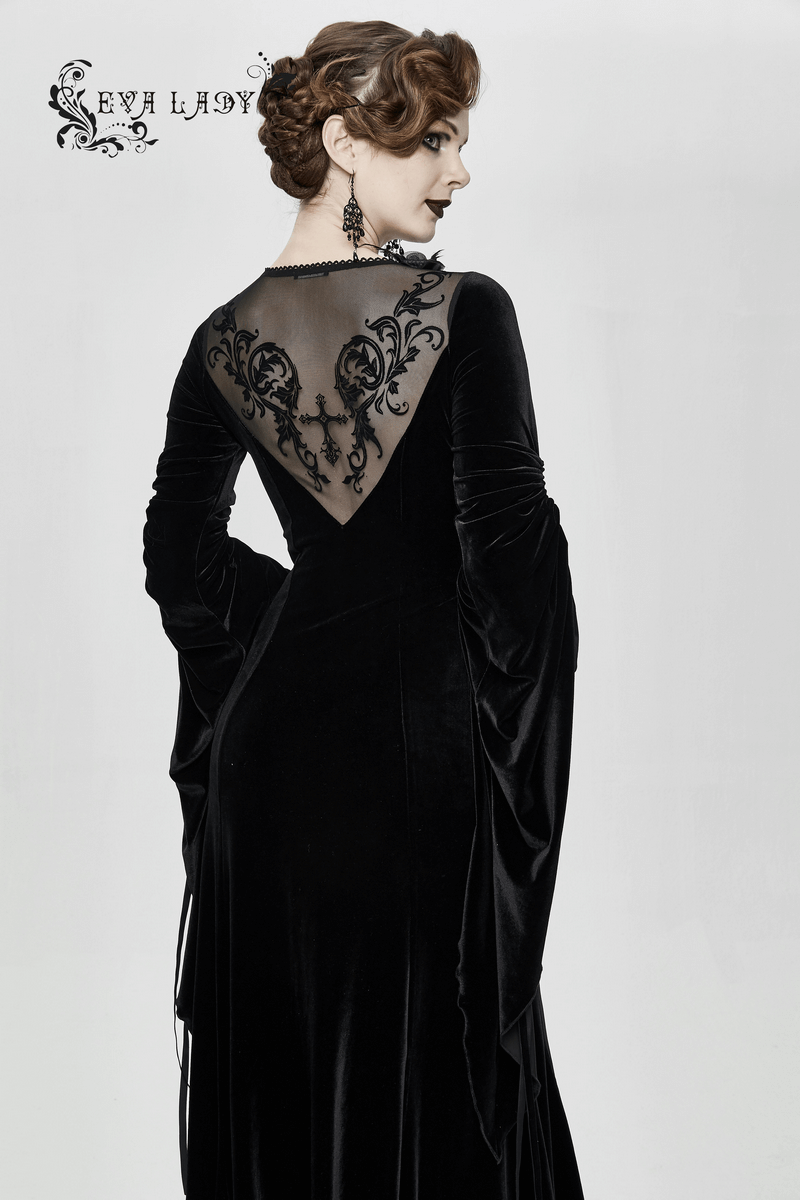 Velvet Black Dress with Filigree Patterns / Gothic Style Dress With Wide Adjustable Sleeves - HARD'N'HEAVY