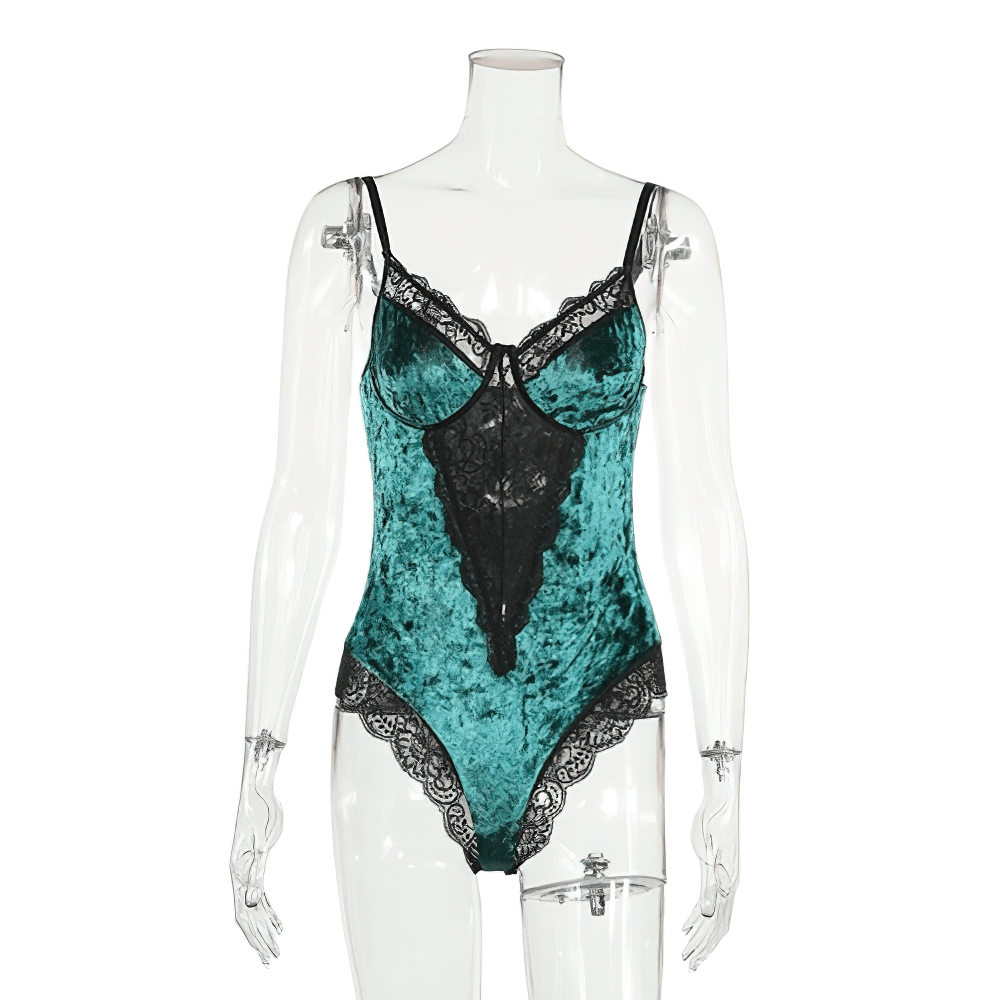 Elegant teal velvet women's bodysuit with lace inserts and deep neckline, perfect for casual or dressy occasions.