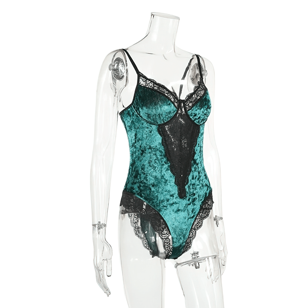 Velvet elegant women's bodysuit in deep teal with lace accents, perfect for a chic casual look.