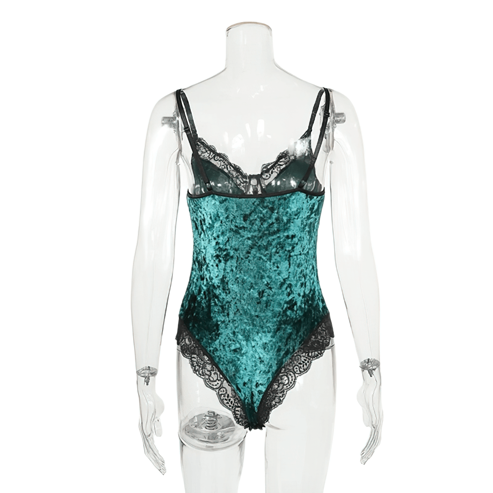 Elegant women's velvet bodysuit in teal with lace trim, showcasing a deep neckline and a stylish, flattering fit.