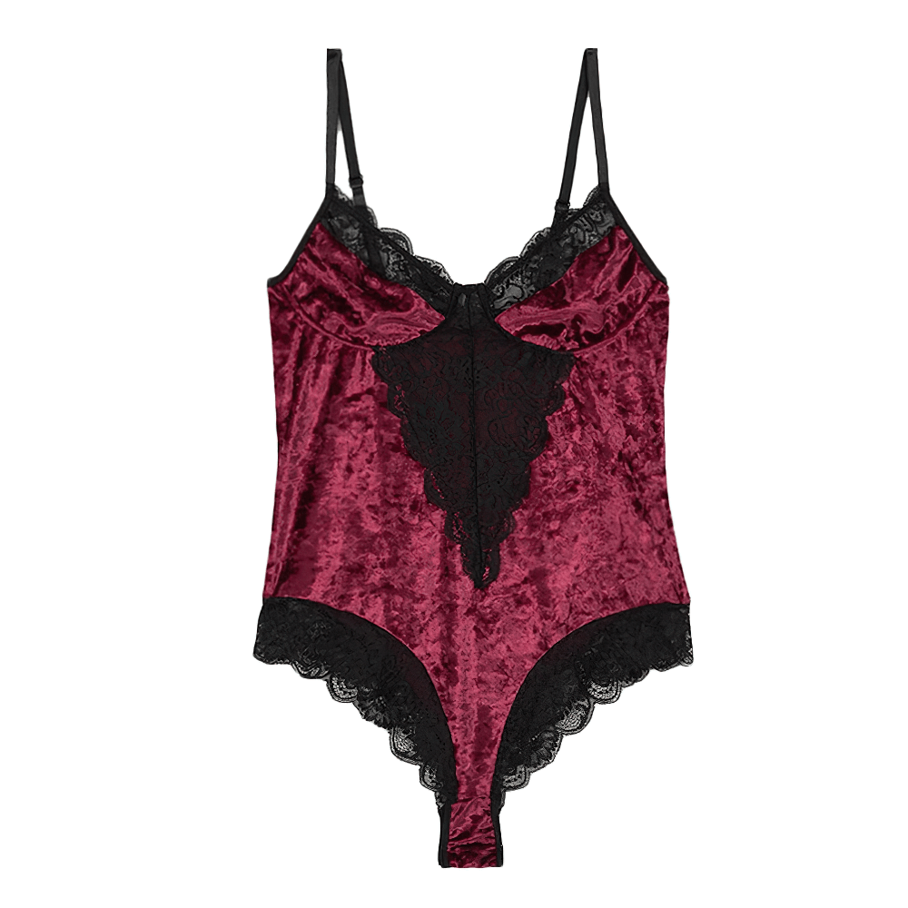 Elegant vintage red bodycon bodysuit with lace inserts and deep neckline for women.