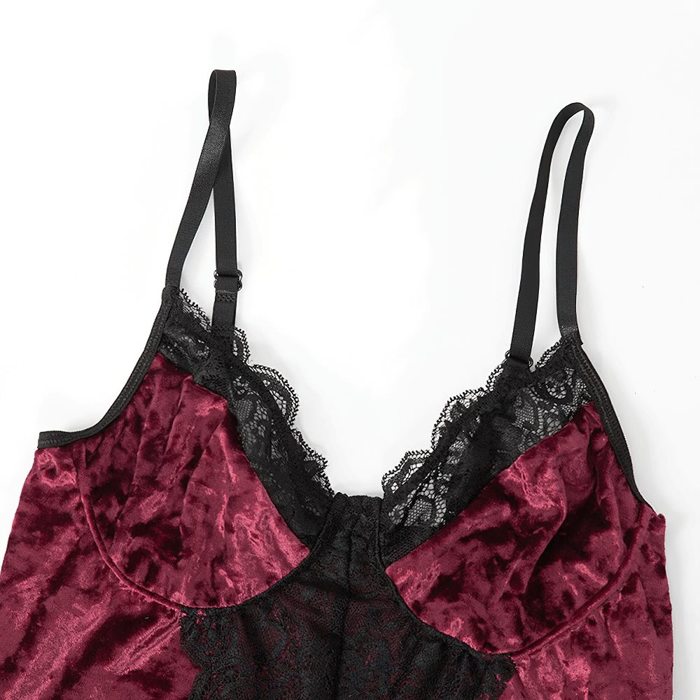 Elegant vintage red bodysuit with lace trim and black straps for women's fashion.