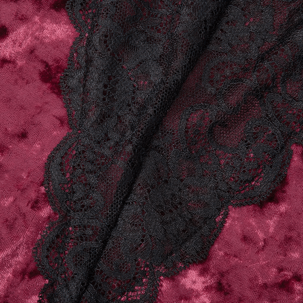 Close-up of velvet fabric in vintage red with elegant black lace detailing for women's bodysuit.