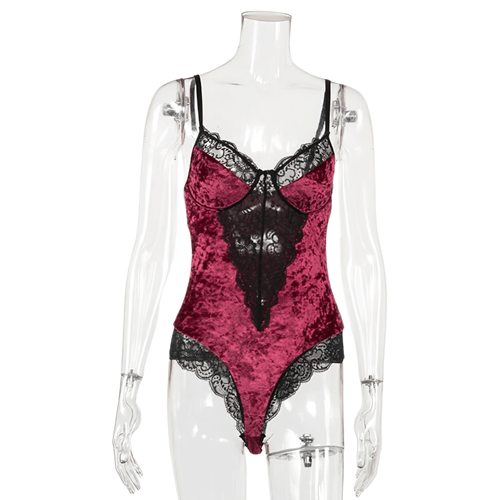 Elegant vintage red velvet women's bodysuit with lace details for a chic, stylish look.