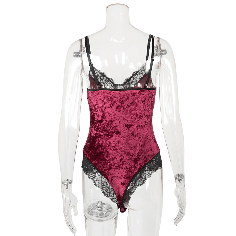 Elegant vintage red velvet women's bodysuit with lace detailing and deep neckline, perfect for casual chic style.