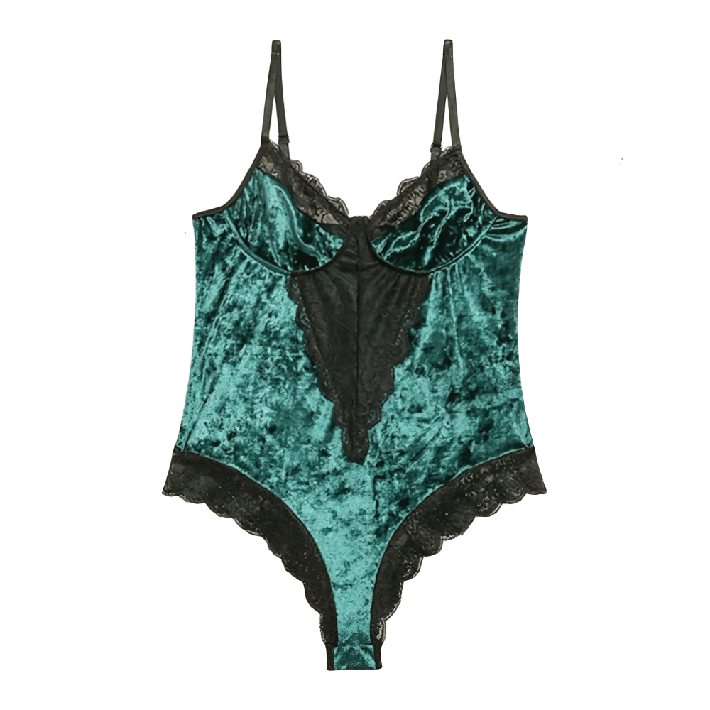 Elegant velvet women's bodysuit in deep teal with lace accents for a stylish and chic look.