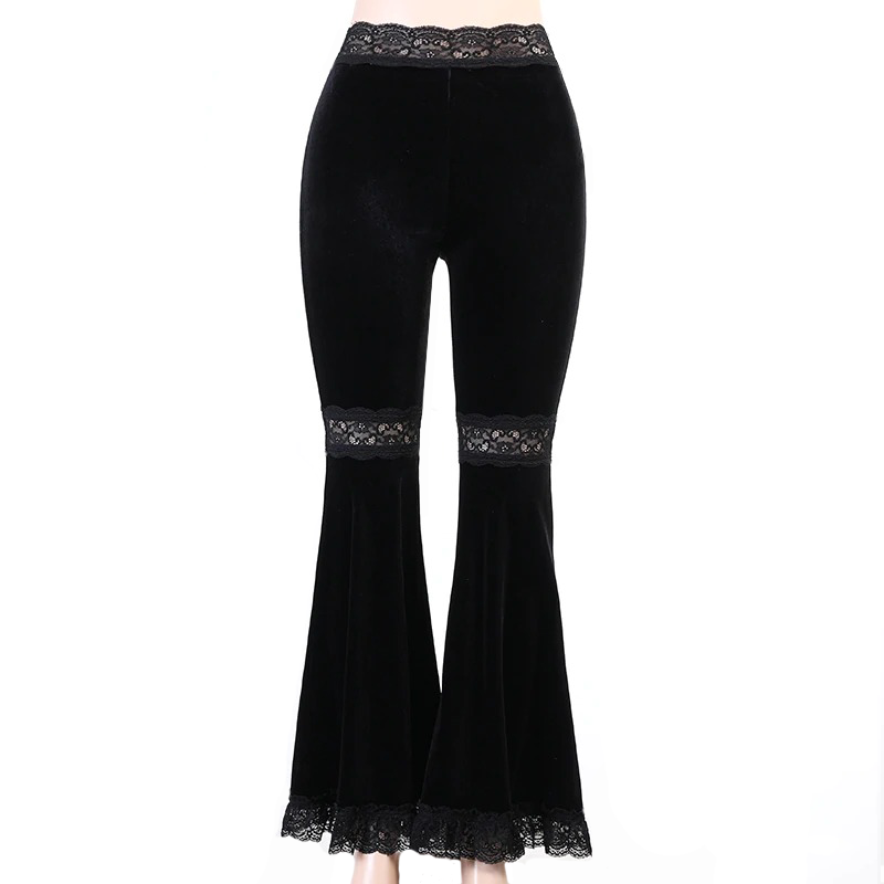 Velvet Gothic Lace Patchwork Flare Pants / Romantic Vintage Grunge Skinny Emo Trousers - HARD'N'HEAVY