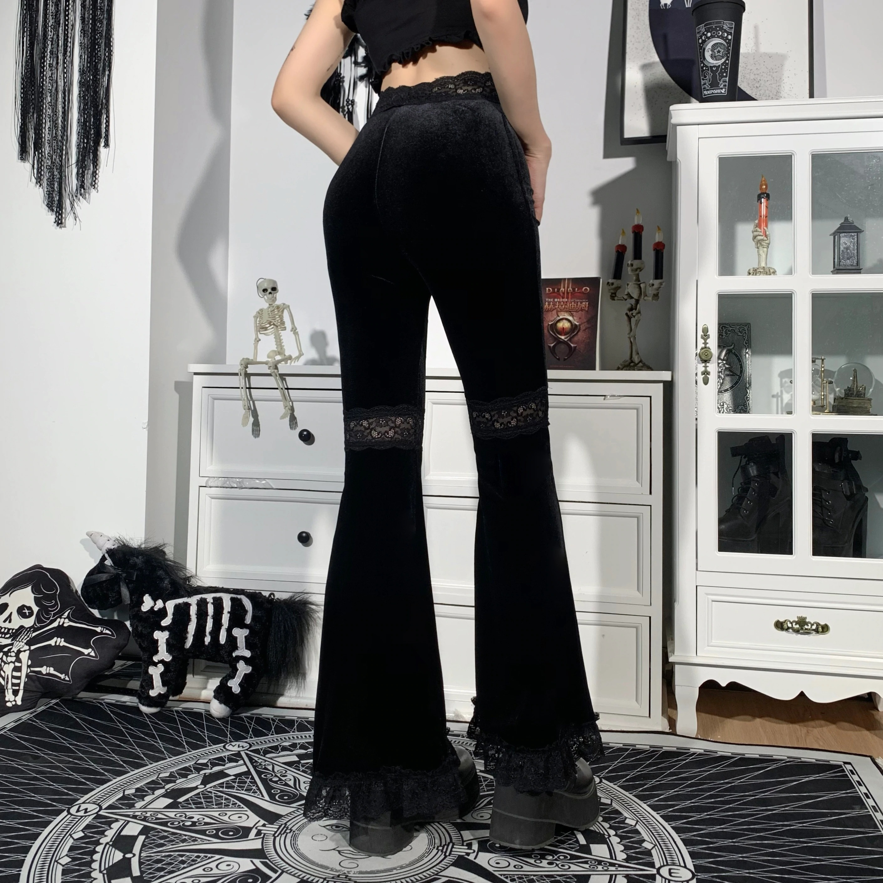 Velvet Gothic Lace Patchwork Flare Pants / Romantic Vintage Grunge Skinny Emo Trousers - HARD'N'HEAVY