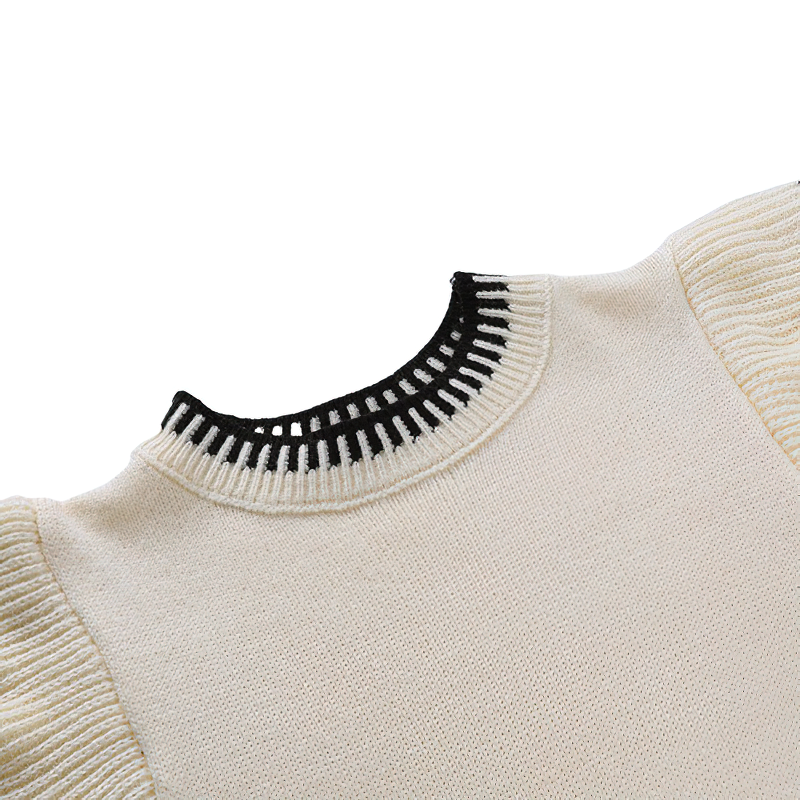 Women's knitted O-neck short sleeve top showcasing stylish collar details in cream and black.