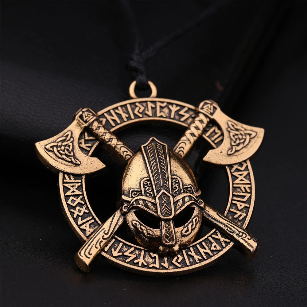Viking Celtics Ax Rune Warrior Steel Pendant with axes and helmet, Slavic amulet jewelry in bronze finish.