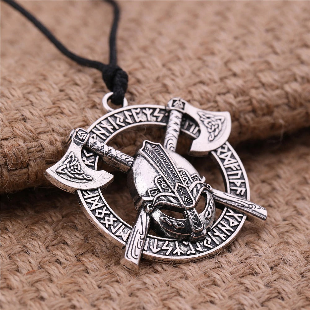 Viking Celtics Ax Rune Warrior Steel Pendant with two axes and helmet design, perfect Slavic Amulet Jewelry.