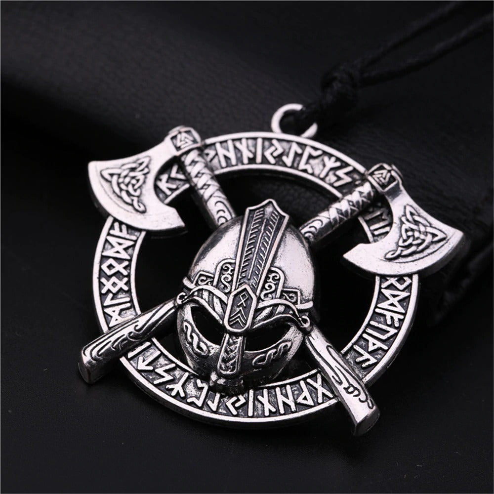 Viking Celtics Ax Rune Warrior Steel Pendant with axes and helmet, perfect for Slavic amulet jewelry lovers.