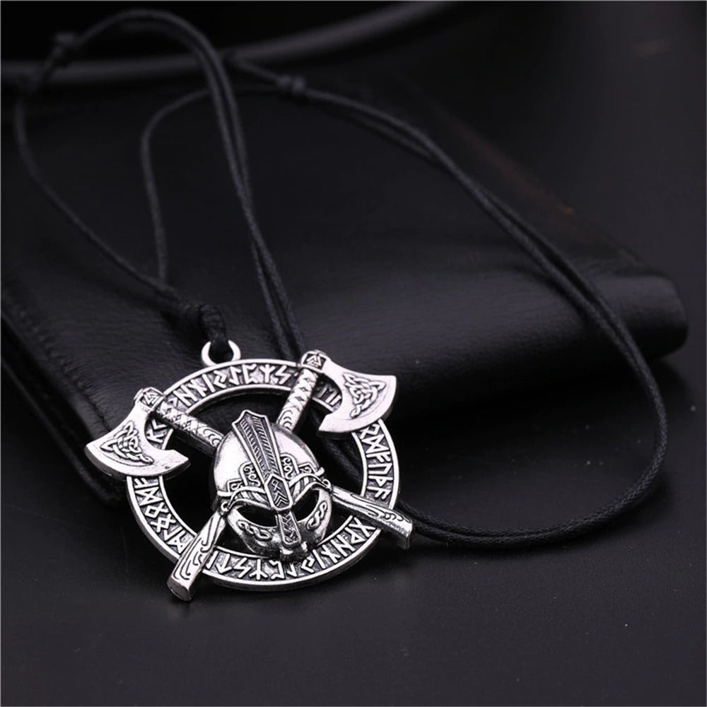 Viking Celtics Ax Rune Warrior Steel Pendant with two axes and helmet, perfect Slavic amulet jewelry for trendsetters.