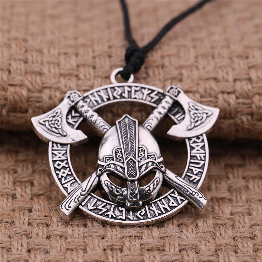 Viking Celtics Ax Rune Warrior Pendant featuring two axes and a helmet, crafted from stainless steel.