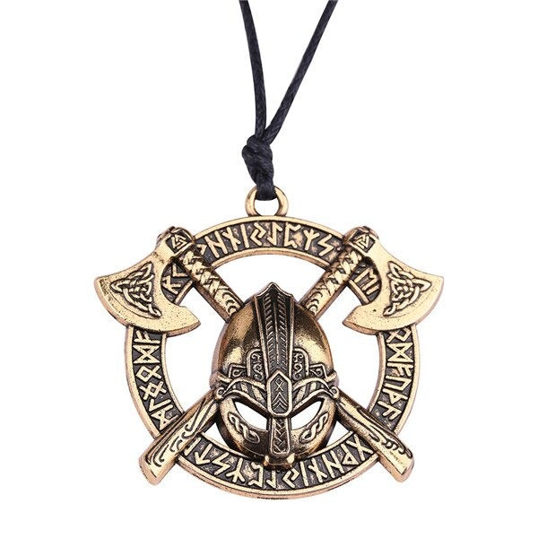 Viking Celtics Ax Rune Warrior Steel Pendant with two axes and helmet, trendy Slavic amulet jewelry in bronze.