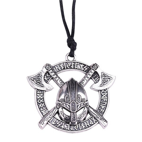 Viking Celtics Ax Rune Warrior Steel Pendant featuring twin axes and a helmet, a stylish Slavic amulet necklace.