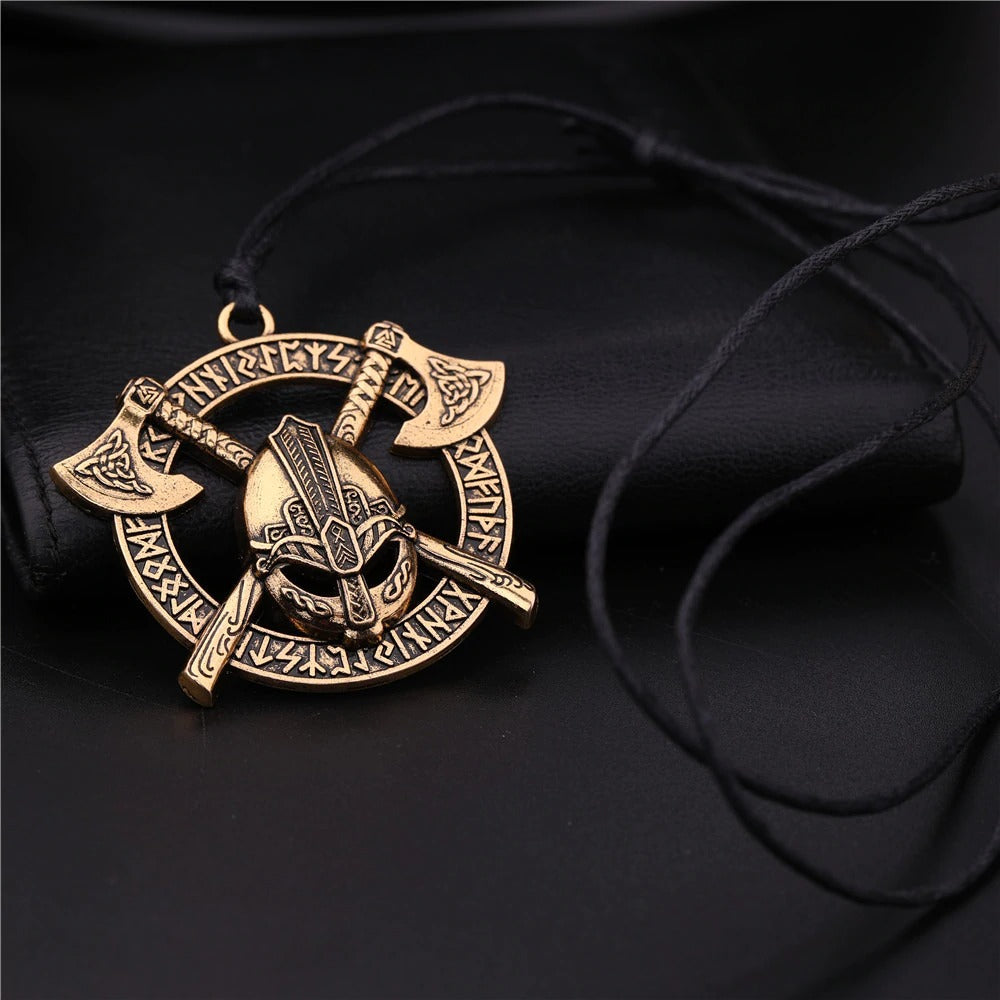 Viking Celtics Ax Rune Warrior steel pendant with two axes and helmet, symbolizing Slavic Amulet Jewelry.