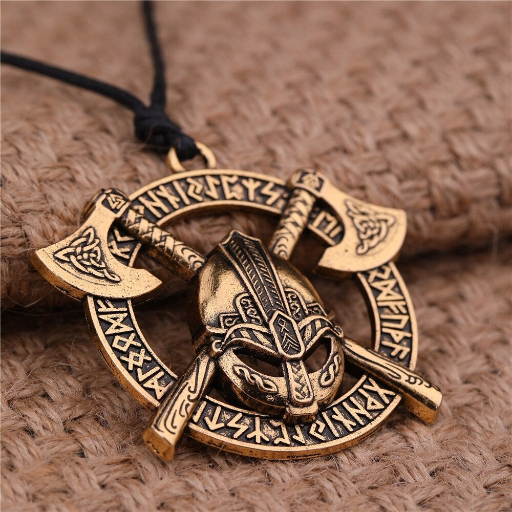Viking Celtics Ax Rune Warrior Steel Pendant in gold, featuring axes and helmet, perfect slavic amulet jewelry.