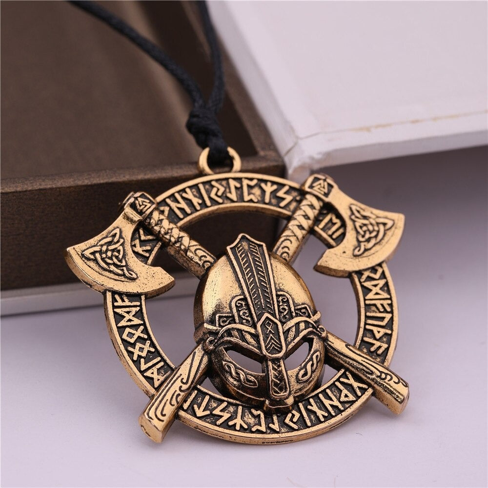 Viking Celtics Ax Rune Warrior Steel Pendant with helmet and axes, stylish Slavic amulet jewelry in gold.