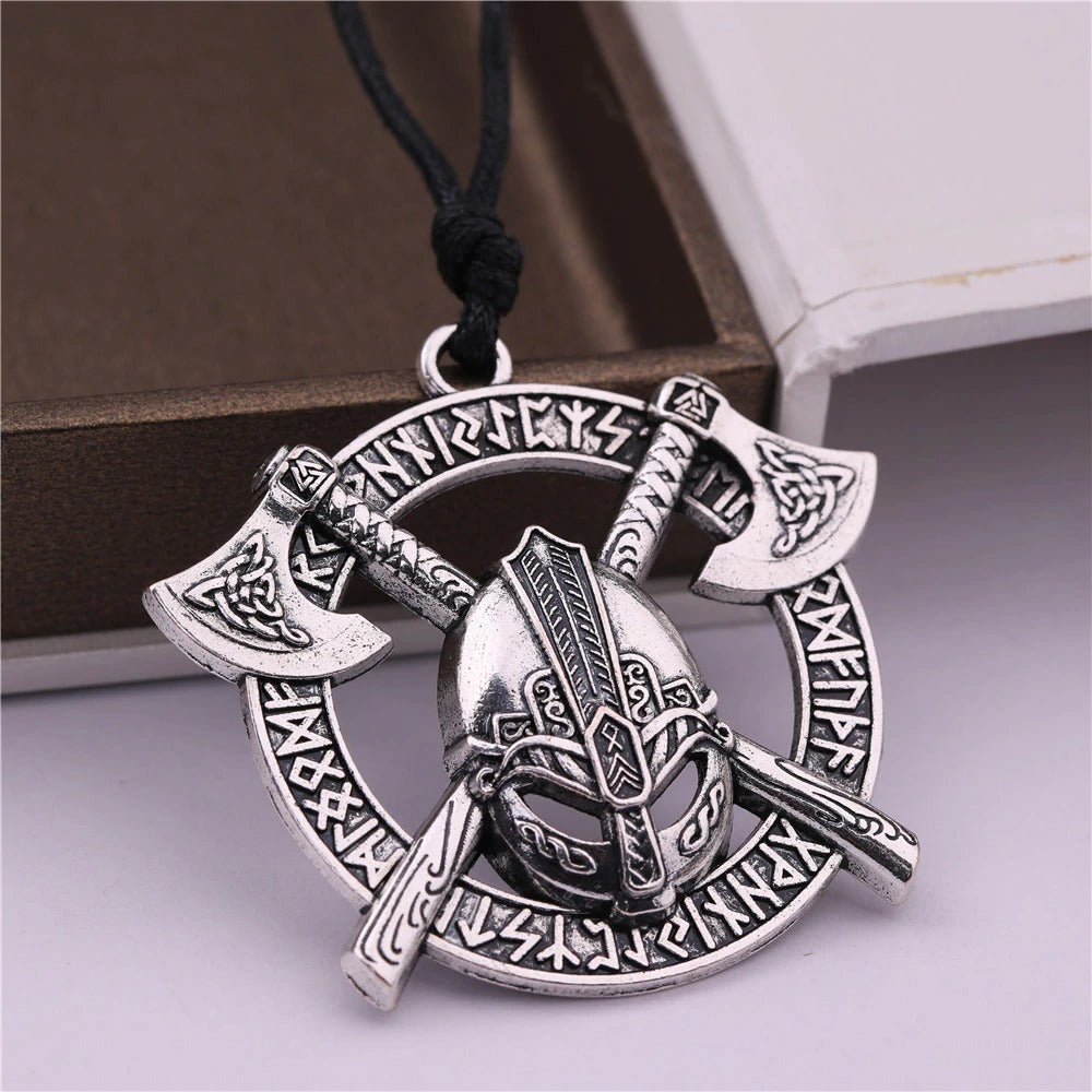 Viking Celtic Ax Rune Warrior Steel Pendant featuring two axes and a helmet, perfect Slavic Amulet Jewelry.
