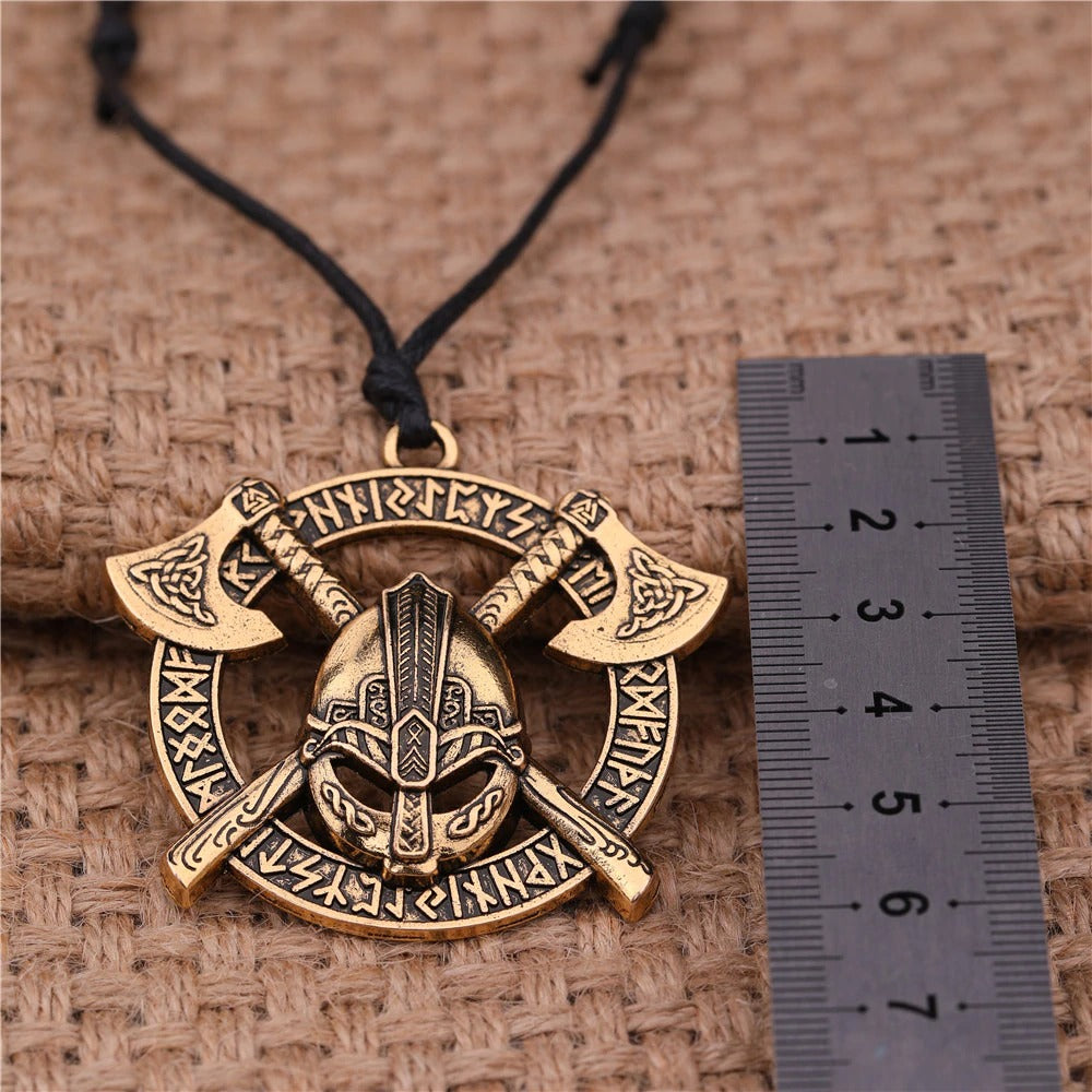 Viking Celtics Ax Rune Warrior steel pendant featuring axes and helmet, perfect Slavic amulet jewelry.