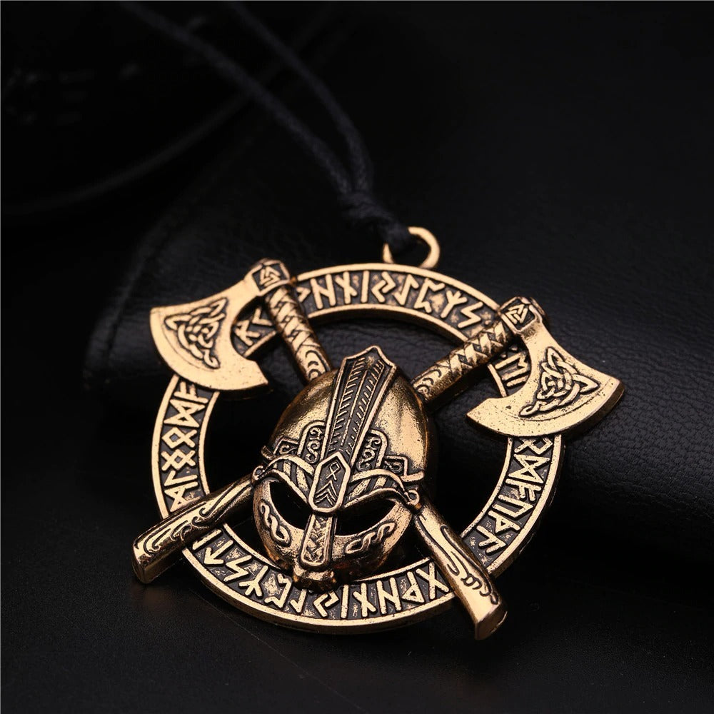 Viking Celtics Ax Rune Warrior Steel Pendant featuring two axes and a helmet, perfect for amulet jewelry lovers.