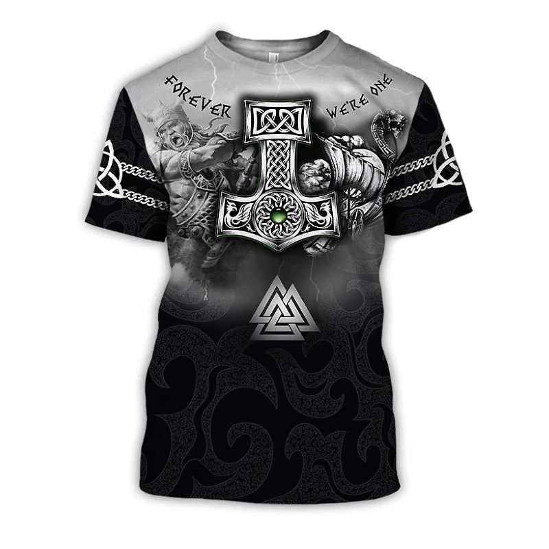 Viking Pattern graphic tee featuring Thor's Hammer, warriors, and the motto 'Forever we're one', perfect for aesthetic clothing.