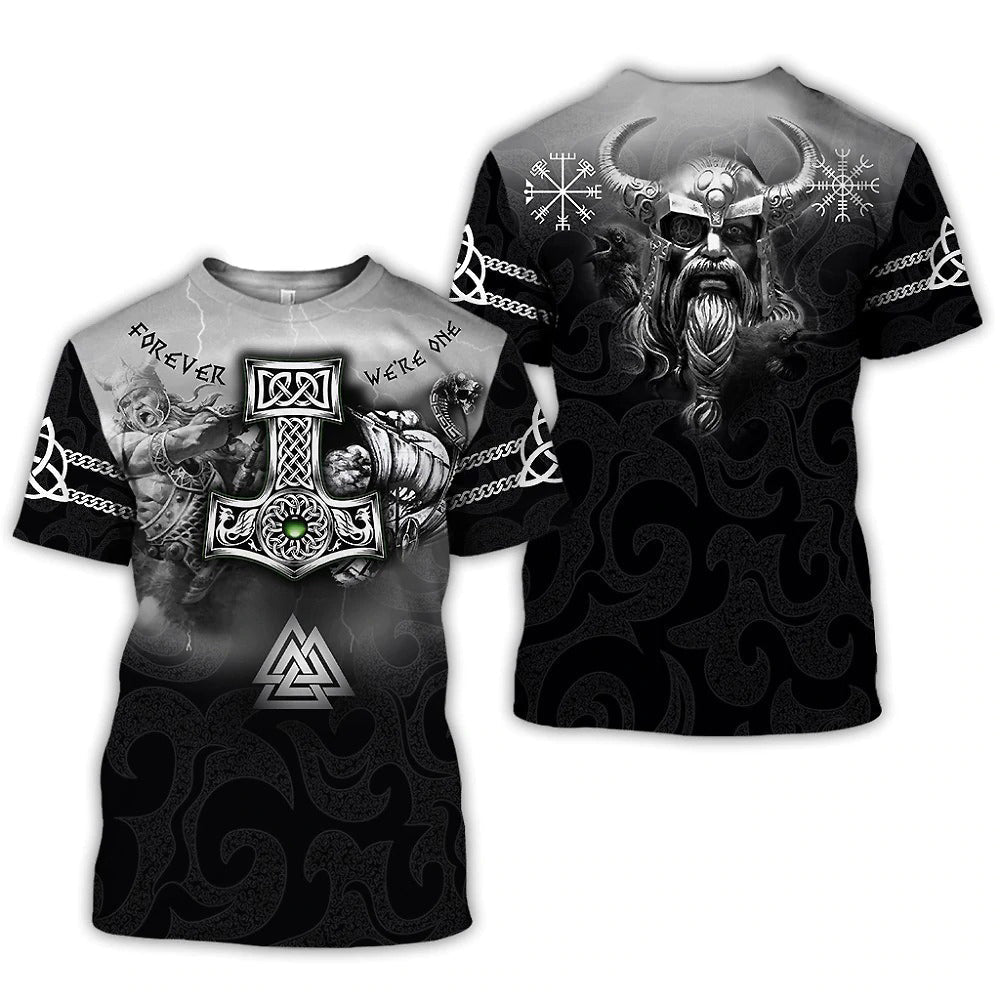 Viking pattern graphic tee featuring Thor's Hammer and Norse designs with 'Forever we're one' motto.