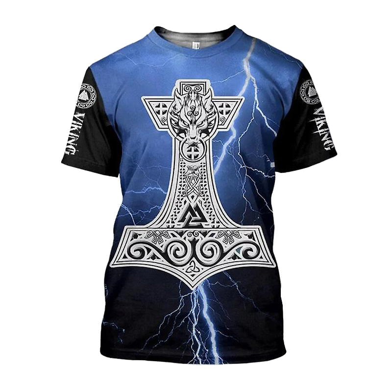 Viking Odin Print T-shirt with lightning design and Thor's Hammer, gothic style and black short sleeves.