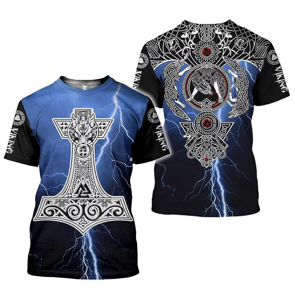 Viking Odin T-shirt featuring lightning, Thor's Hammer, and Celtic wolf design in dark blue and black short sleeves.
