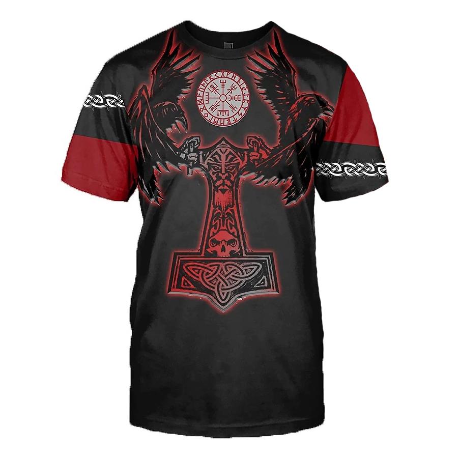 Black and red Viking T-shirt featuring Thor's hammer and crows, perfect for a concert or alternative fashion.