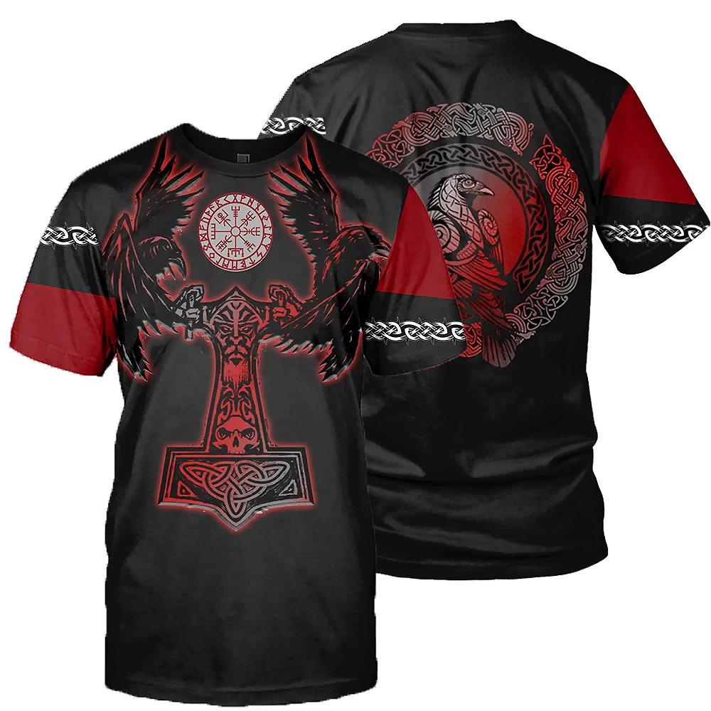 Black and red Viking T-shirt featuring Thor's hammer, crows, and Celtic designs, perfect for concert fashion.