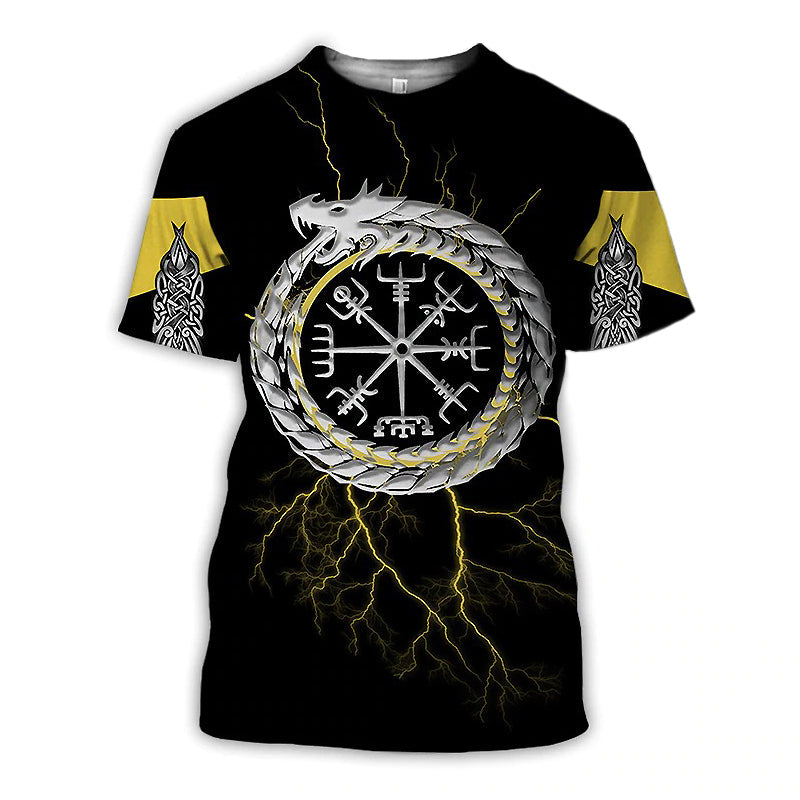 Black and yellow Viking graphic tee featuring Vegvisir compass and dragon design with lightning accents.