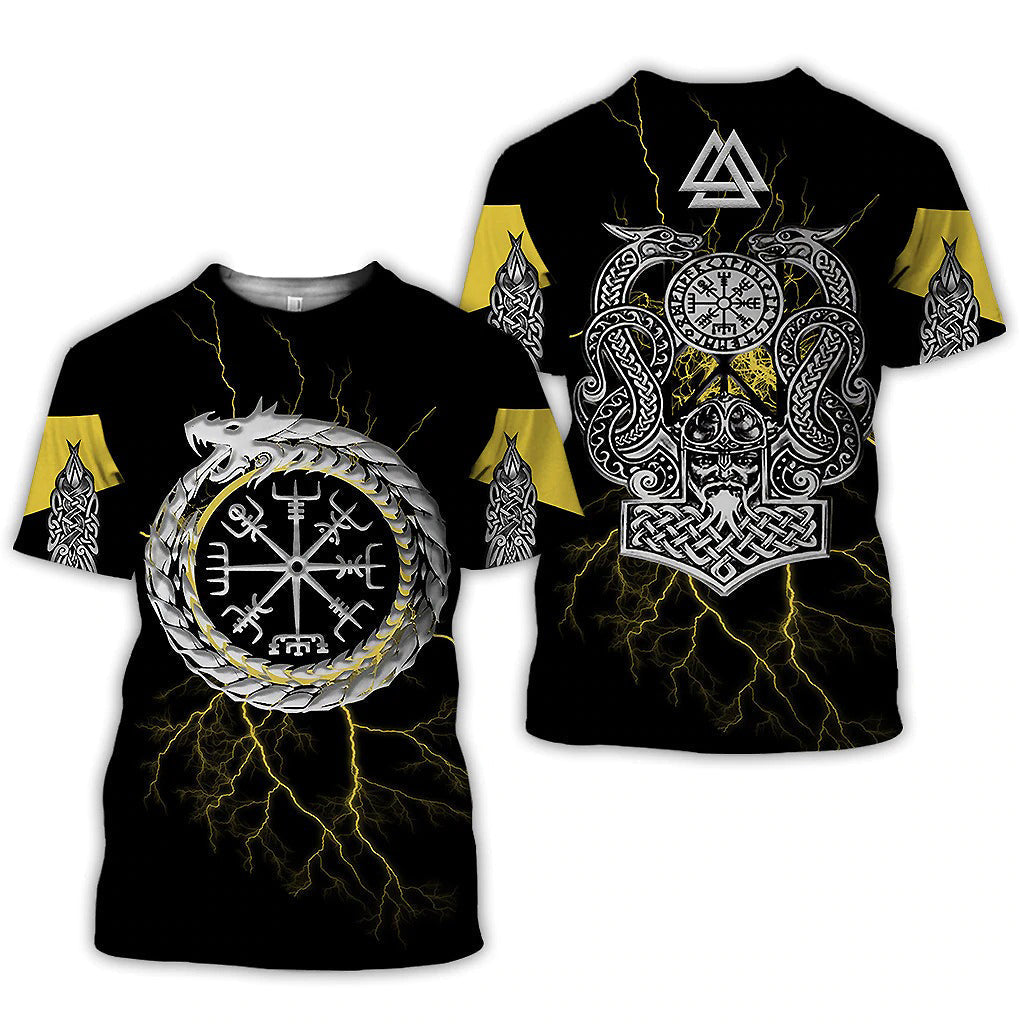 Viking 3D graphic tee with Vegvisir compass and dragon design on black and yellow, perfect for aesthetic outfits.