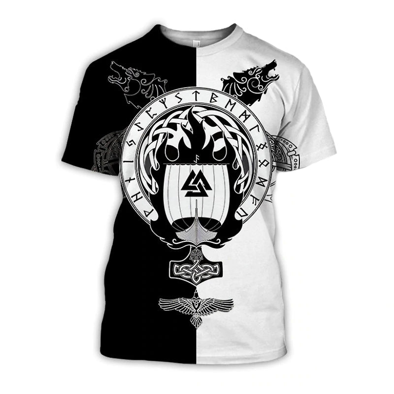 Black and white Viking pattern graphic tee featuring Celtic rune circle, wolves, and a warship design.