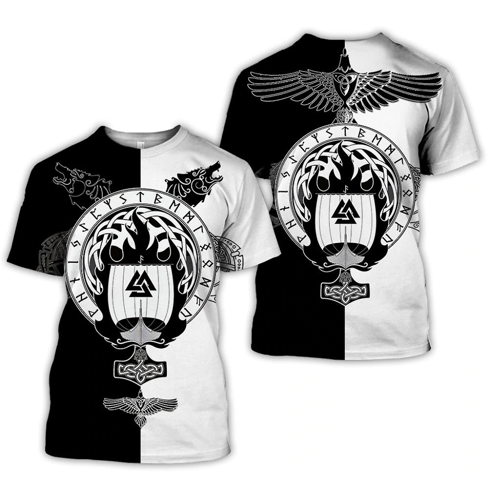 Black and white Viking pattern graphic tee featuring a Celtic rune circle and wolf designs.
